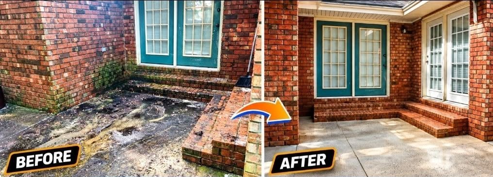 Before and after: a mildew-covered brick patio and steps, then the same patio clean
